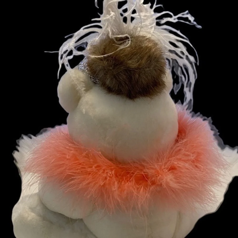 ADORABLE WHITE BEAR OUTFITTED WITH TAN HAT AND PINK ROSE WITH VEIL